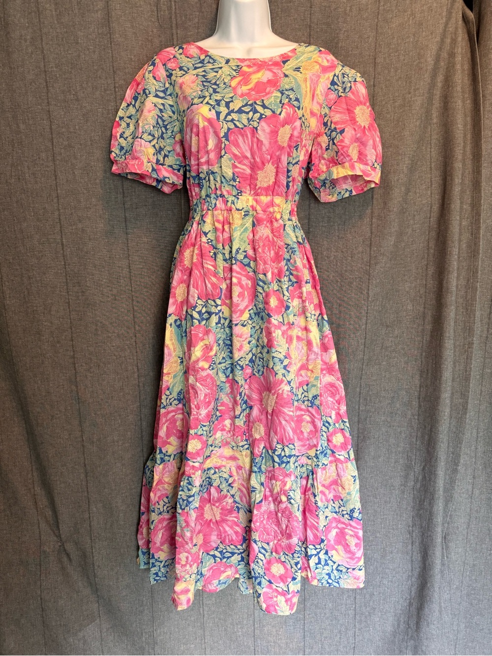 Baltic Born Myers Large Tiered Blue Pink Floral Cotton Blend Puff Sleeve Dress